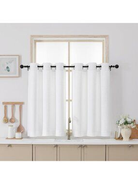Light Filtering Faux Linen White Curtains, 36" Short Cafe Window Drapes, 2PCS